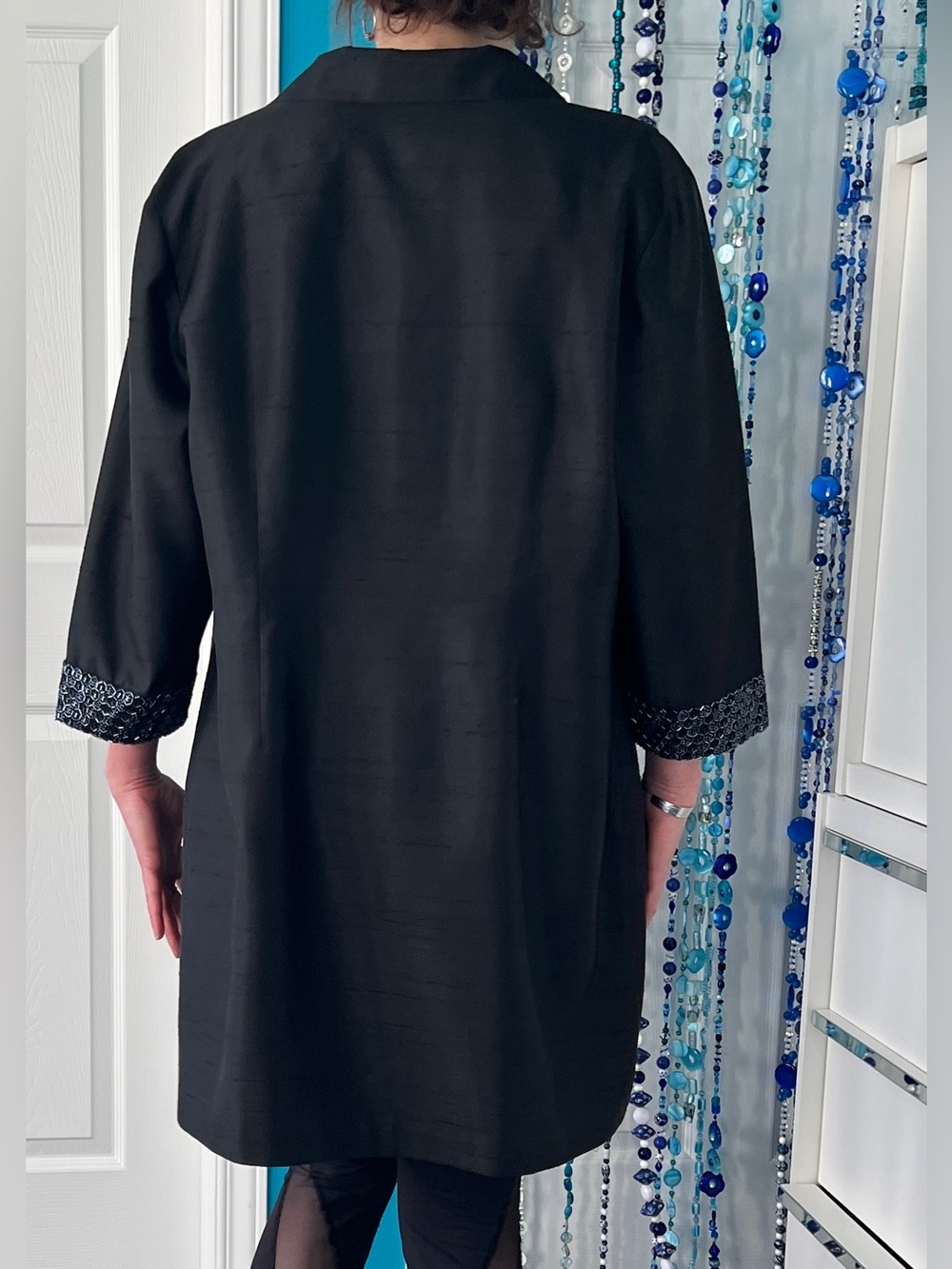 Vintage Y2K Black Silk Evening Coat • Beaded Sleeves • Special Occasion Jacket - Picture 3 of 14